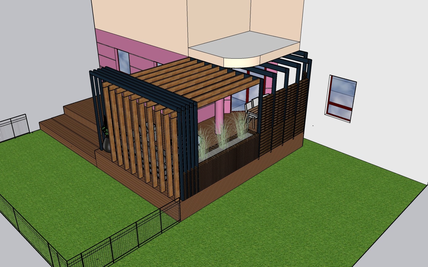 Wizualizacja 3D: nowoczesna altana z drewnianymi panelami i czarną metalową konstrukcją, taras z drewnianymi schodami, zielony trawnik i ogrodzenie w tle.