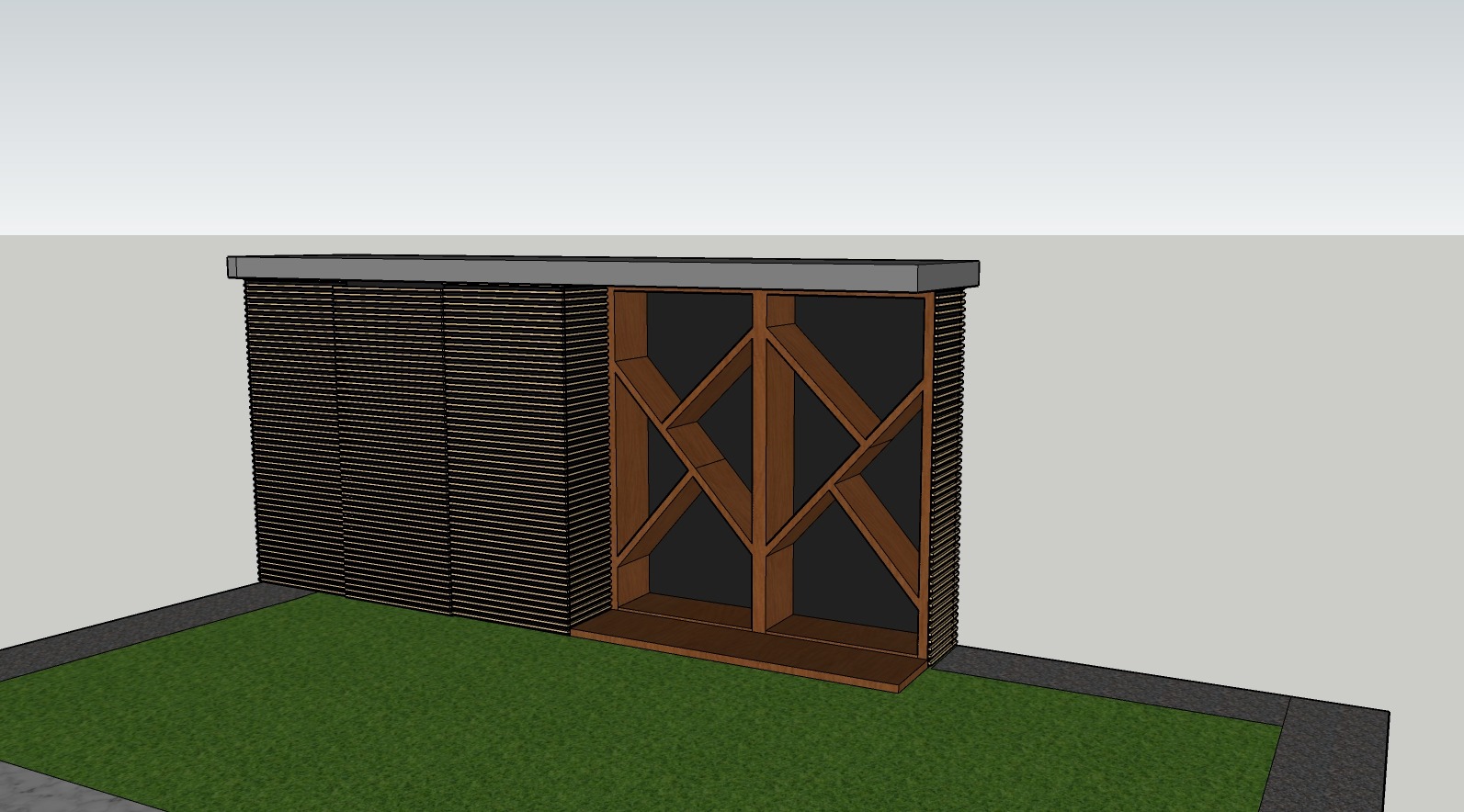 Wizualizacja 3D nowoczesnej altany z drewnianą konstrukcją i lamelami, zintegrowanej z budynkiem i otoczeniem trawnika.