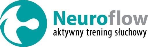 Logo Neuroflow z turkusowym symbolem i szarym napisem 'Neuroflow aktywny trening słuchowy'.