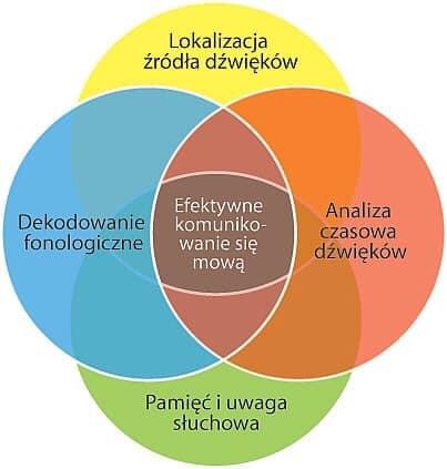 Diagram Venn'a przedstawiający nakładające się koła z napisami: Lokalizacja źródła dźwięków, Dekodowanie fonologiczne, Efektywne komunikowanie się mową, Analiza czasowa dźwięków, Pamięć i uwaga...