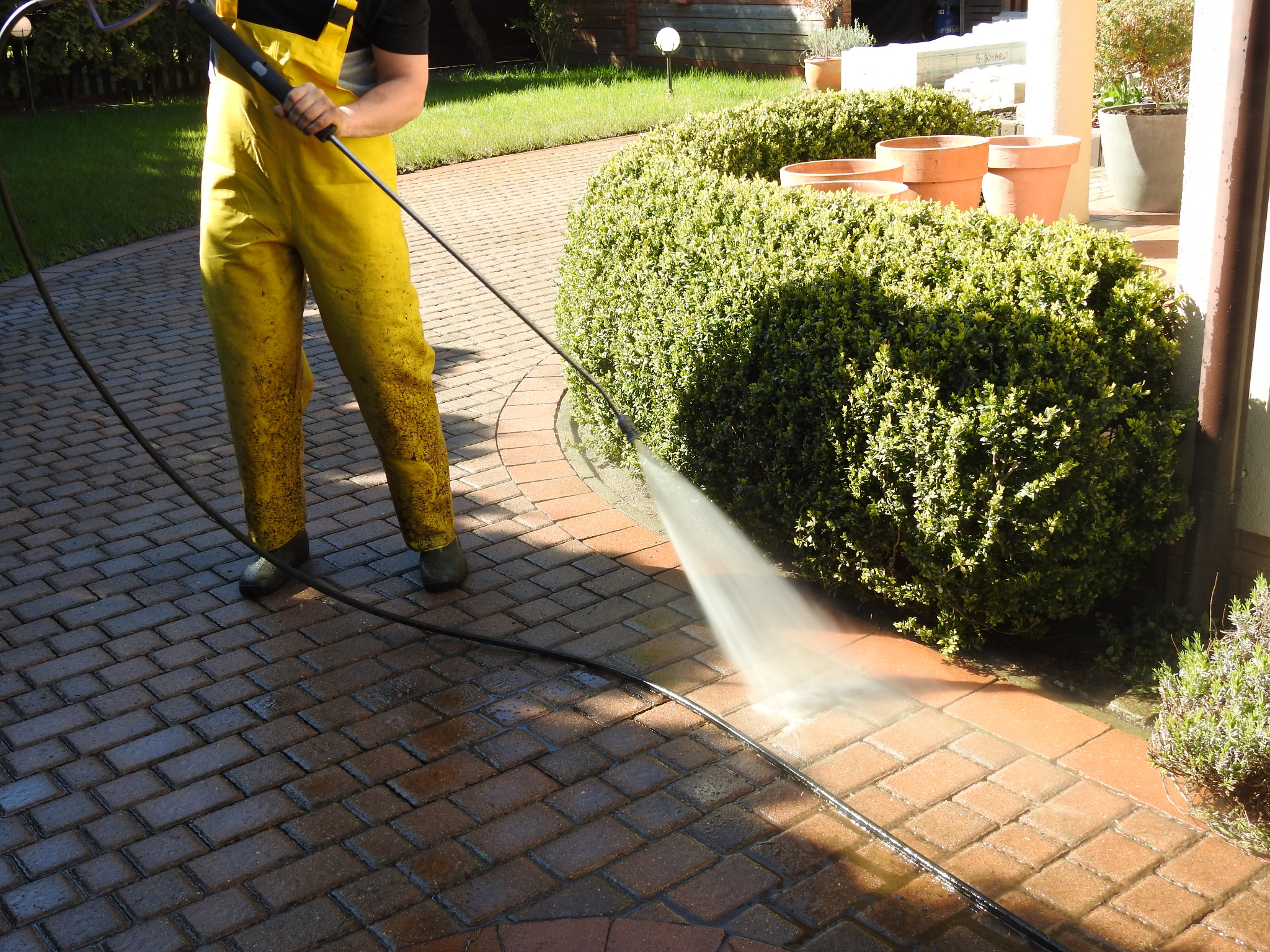 Osoba w żółtym kombinezonie roboczym czyści kostkę brukową na podwórku za pomocą myjki ciśnieniowej, w tle żywopłot i donice.