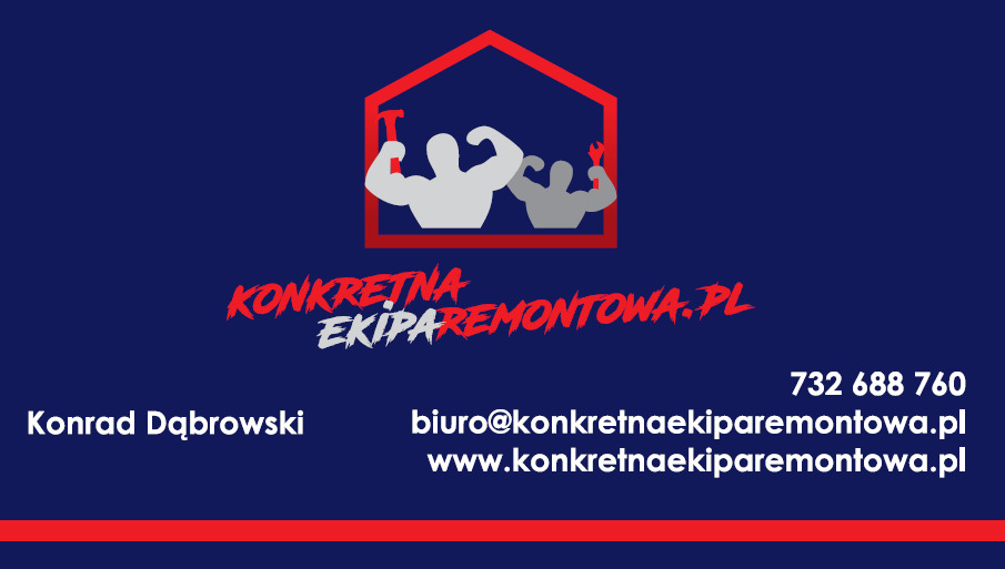 Wizytówka firmy remontowej: logo z sylwetkami dwóch muskularnych postaci w obrysie domu, trzymających narzędzia, nazwa 'KONKRETNA EKIPA REMONTOWA.PL', dane kontaktowe i imię Konrad Dąbrowski...