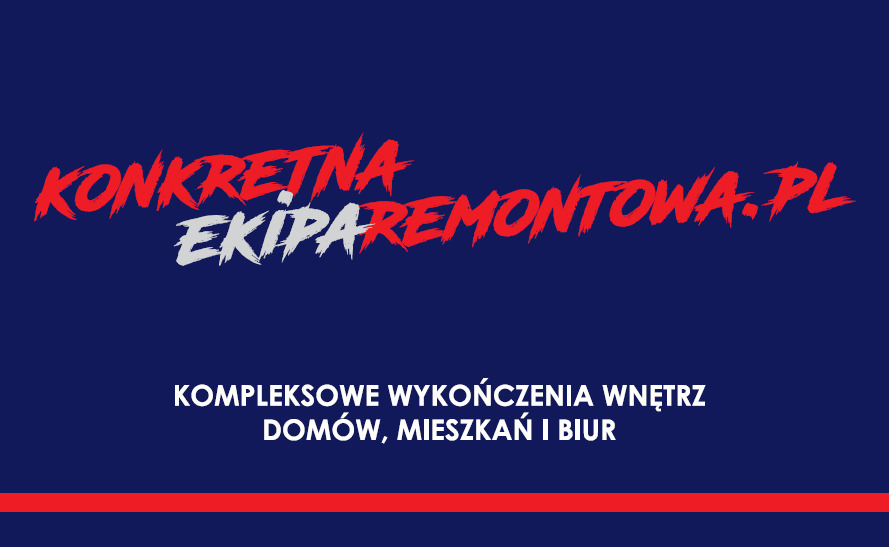 Grafika reklamowa firmy remontowej: KONKRETNA EKIPA REMONTOWA.PL, oferująca kompleksowe wykończenia wnętrz domów, mieszkań i biur na granatowym tle z czerwonymi akcentami.