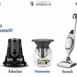 Prezentacja odkurzaczy i urządzeń czyszczących różnych marek: Rainbow, Roboclean, Thermomix, Vorwerk i Kirby, z logo Supervacuum u góry.