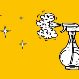 Ilustracja przedstawiająca butelkę ze spryskiwaczem rozpylającą płyn, z czterema białymi gwiazdkami w lewym górnym rogu, na jaskrawożółtym tle.