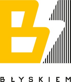 Żółte logo firmy z nazwą 'BŁYSKIEM' i abstrakcyjnym symbolem przypominającym błyskawicę w prawym górnym rogu, na białym tle.