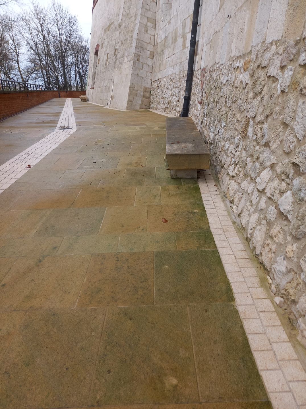 Kamienny chodnik z ławką wzdłuż muru z kamienia łamanego, widoczne drzewa bez liści w tle.