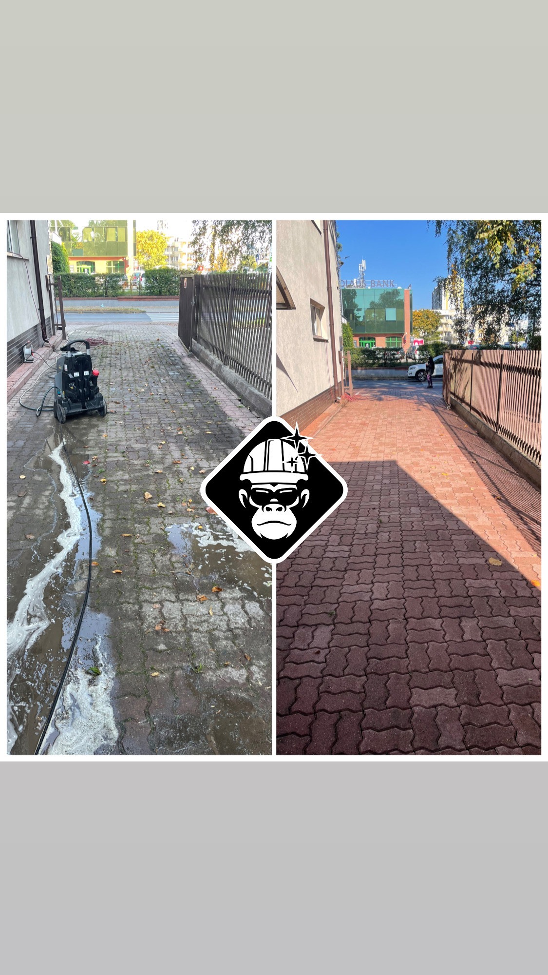 Porównanie kostki brukowej przed i po czyszczeniu myjką ciśnieniową, z widocznym logo firmy w centrum.