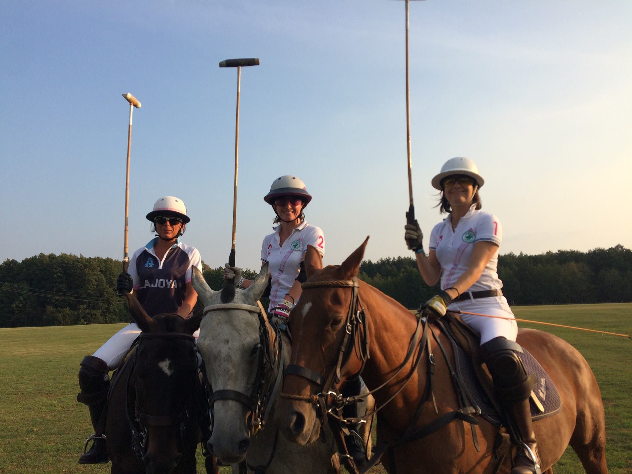 Trzy kobiety w strojach do polo na koniach, trzymające kije do polo, na zielonym polu z drzewami w tle.