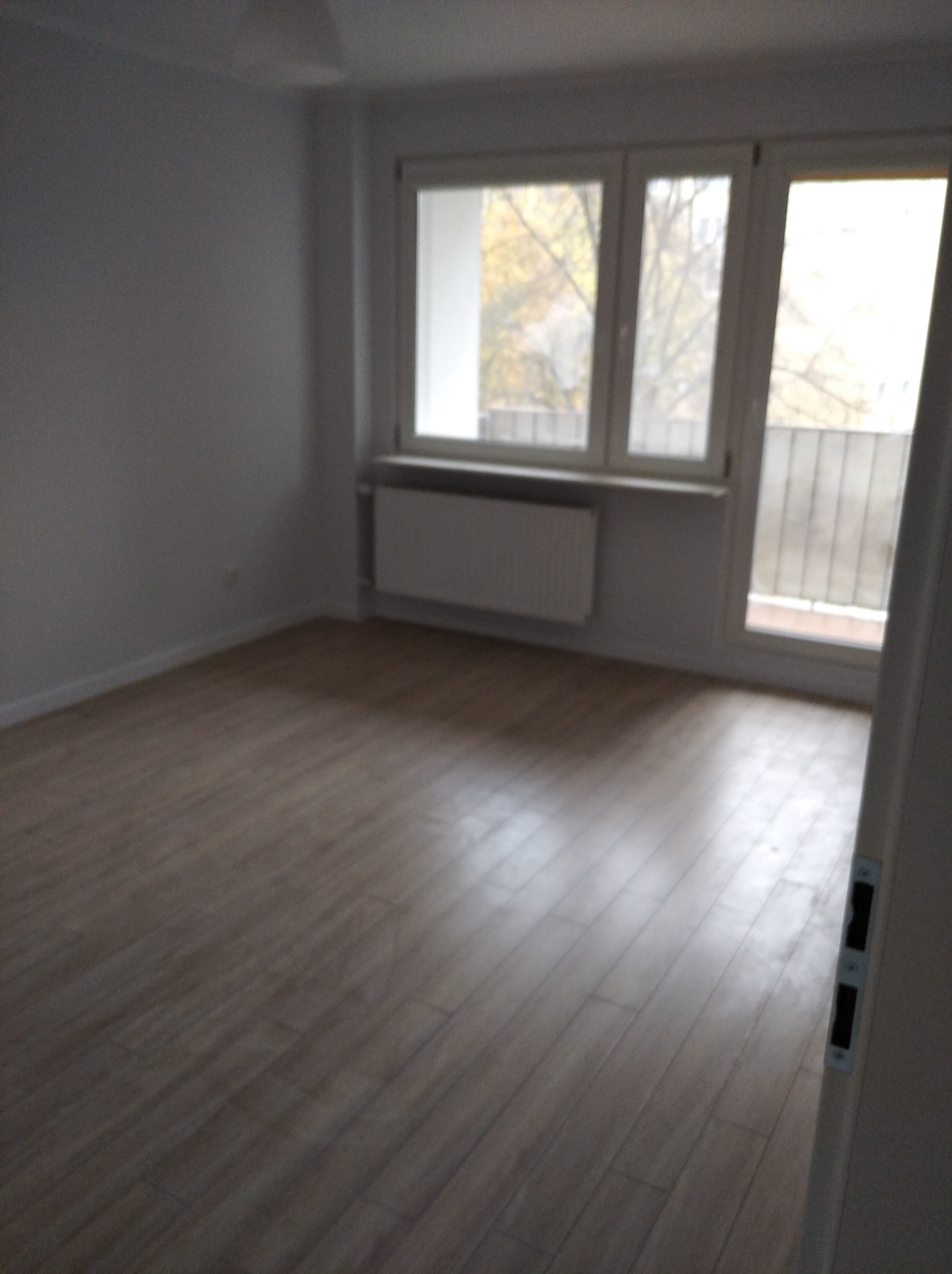 Pusty pokój z panelami podłogowymi w odcieniach brązu, trzema oknami z widokiem na drzewa bez liści i białym grzejnikiem pod oknem, widok zza częściowo otwartych białych drzwi.