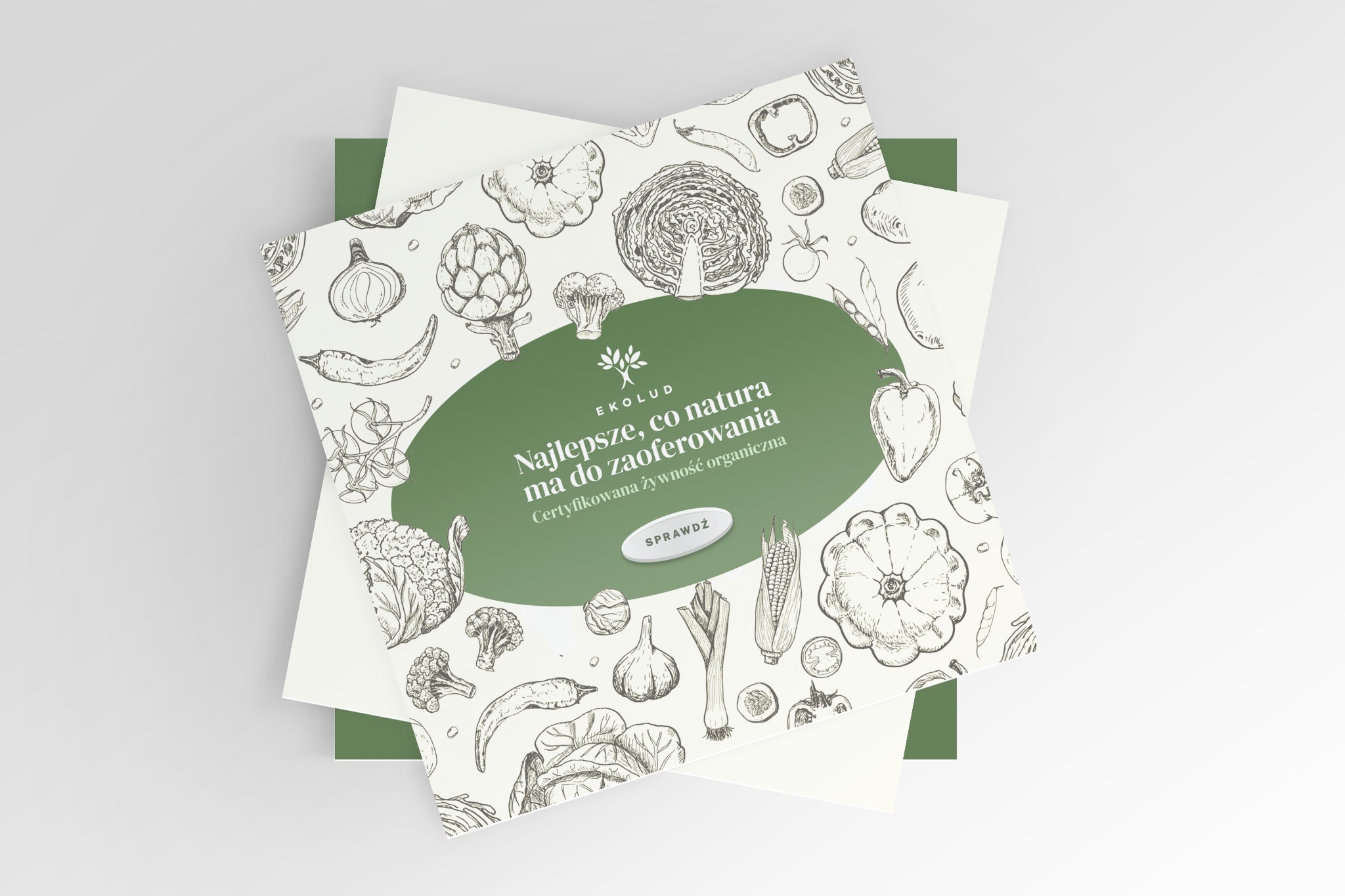 Stack of leaflets with hand-drawn vegetable illustrations and the text 'EKOLUD Najlepsze, co natura ma do zaoferowania. Certyfikowana żywność organiczna' on a green oval background.