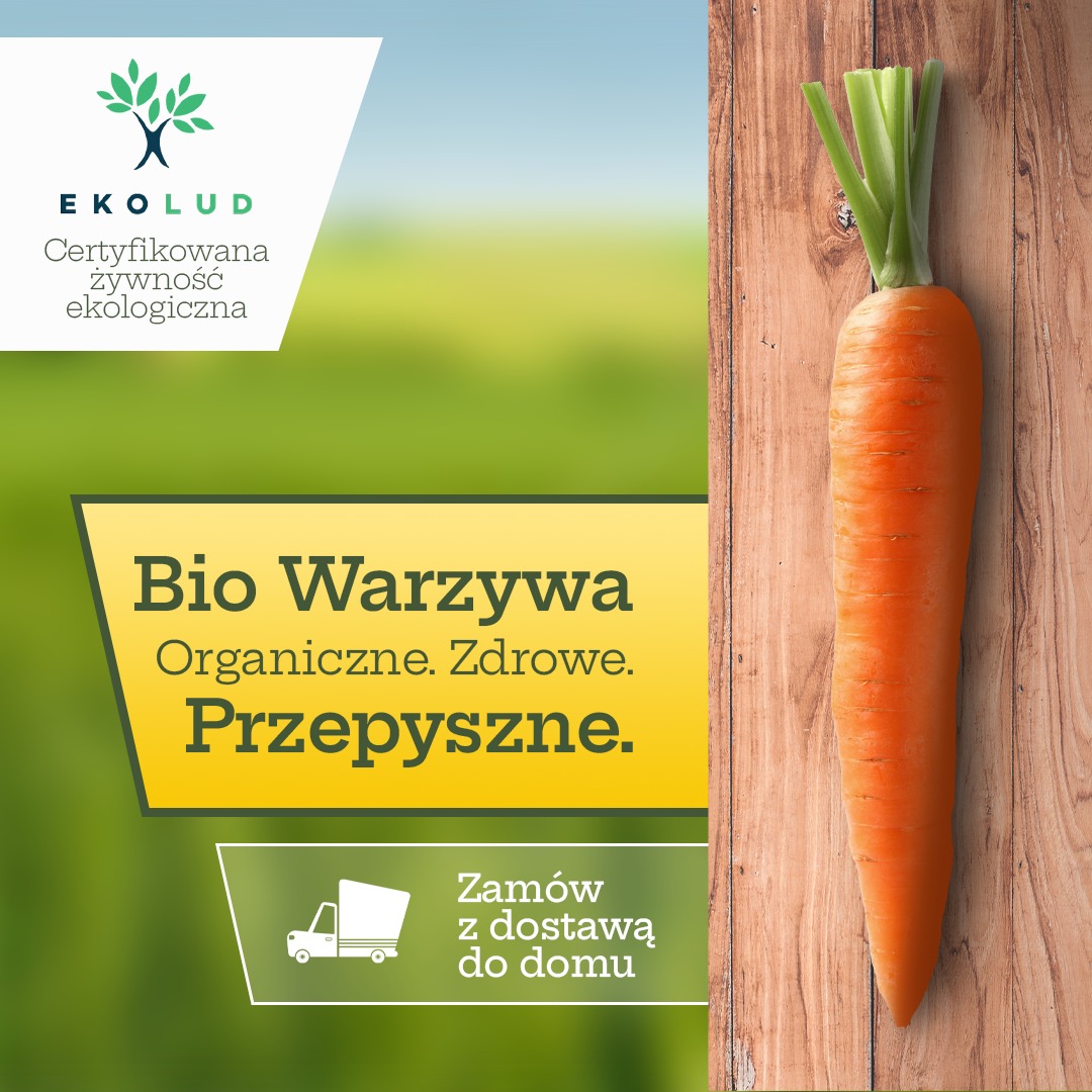 Grafika reklamowa certyfikowanej żywności ekologicznej z marchwią na drewnianym tle i napisem 'Bio Warzywa'
