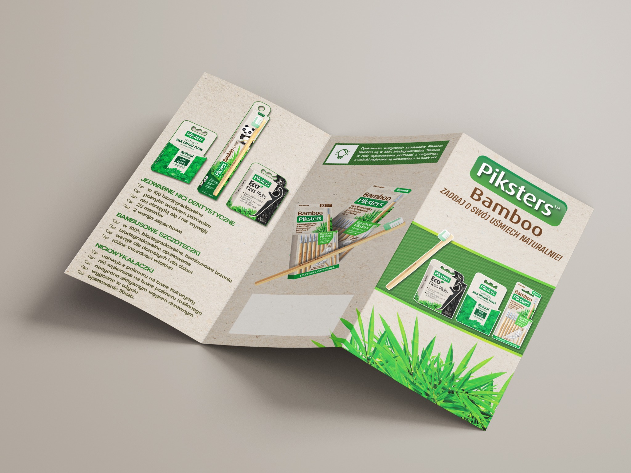 Rozłożona ulotka reklamowa marki Piksters Bamboo prezentująca ekologiczne nici dentystyczne, szczoteczki bambusowe i niciowykałaczki w biodegradowalnych opakowaniach, z hasłem 'Zadbaj o swój...