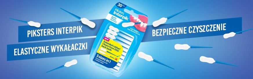 Reklama elastycznych wykałaczek do zębów Piksters Interpik z opakowaniem zawierającym 30 sztuk, prezentująca ich zastosowanie do czyszczenia przestrzeni międzyzębowych.
