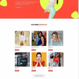 Układ strony internetowej sklepu odzieżowego z nagłówkiem w kolorze koralowym, prezentujący wiosenną wyprzedaż i modelkę na tle neonowo-zielonego koła, poniżej sekcja z polecanymi produktami.