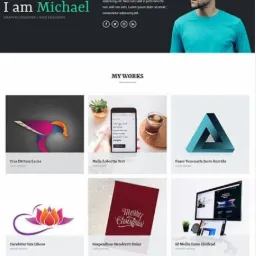 Przykładowa strona internetowa portfolio z sekcją 'Moje prace' prezentującą projekty graficzne, logotypy i interfejsy użytkownika.