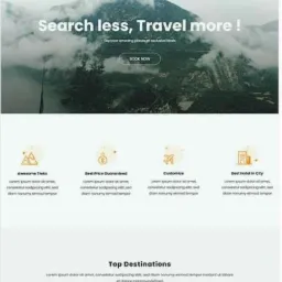 Responsywny projekt strony internetowej biura podróży z motywem górskim w tle, przycisk 'Book Now', sekcja z ikonami usług i galeria popularnych destynacji.