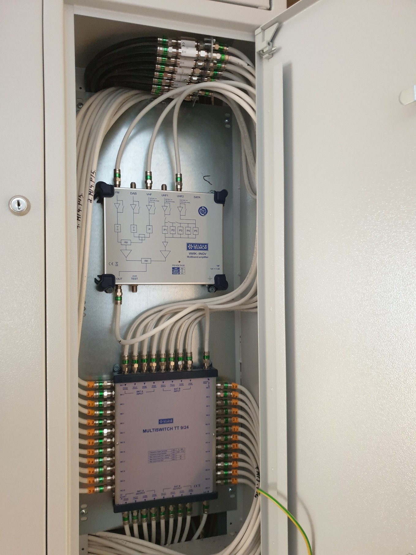 Wnętrze szafki telekomunikacyjnej z zamontowanym multiswitchem TT 9/24 firmy Telmor i wzmacniaczem multiband Telmor WWK-9NGV, liczne kable koncentryczne podłączone do urządzeń, złącza oznaczone...