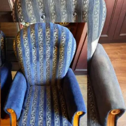 Kolaż przedstawiający fotel przed i po czyszczeniu. Lewa strona: fotel w odcieniach niebieskiego i złota, z widocznymi plamami na podłokietniku. Prawa strona: ten sam fotel po czyszczeniu,...