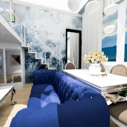 Wizualizacja salonu z niebieską sofą typu chesterfield, białym stołem z kwiatami, schodami z metalową balustradą i tapetą w kwiaty, nowoczesne oświetlenie wiszące.