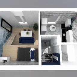 Wizualizacja 3D mieszkania dwupoziomowego z antresolą, widok z góry, prezentująca salon z sofą w stylu Chesterfield, jadalnię z oknami dachowymi, kuchnię z marmurowymi akcentami oraz łazienkę...