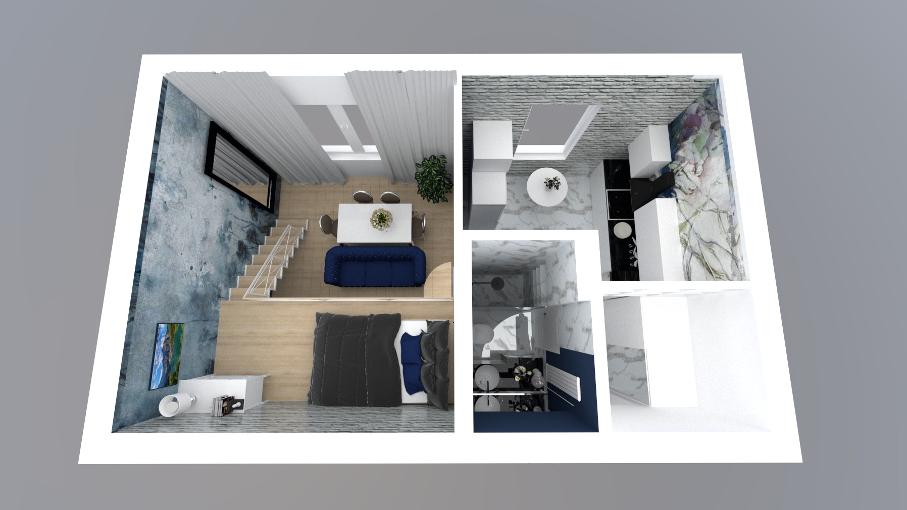 Wizualizacja 3D mieszkania dwupoziomowego z antresolą, widok z góry, prezentująca salon z sofą w stylu Chesterfield, jadalnię z oknami dachowymi, kuchnię z marmurowymi akcentami oraz łazienkę...