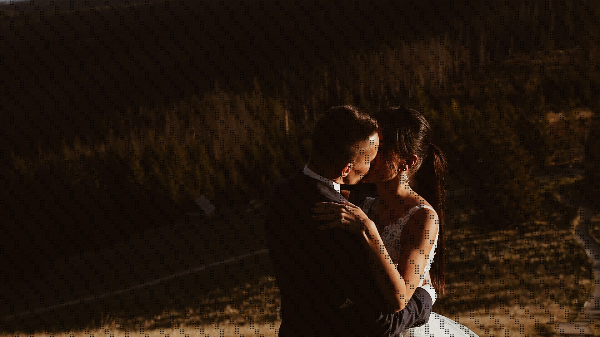 Para młoda całuje się na tle ciemnego lasu i wzgórz, panna młoda w białej sukni, pan młody w ciemnym garniturze z muszką.