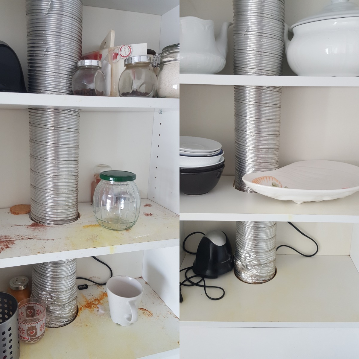 Półki w białej szafce kuchennej przed czyszczeniem, widoczne zabrudzenia i resztki jedzenia, różne naczynia i pojemniki, elementy wentylacyjne przechodzące przez półki.