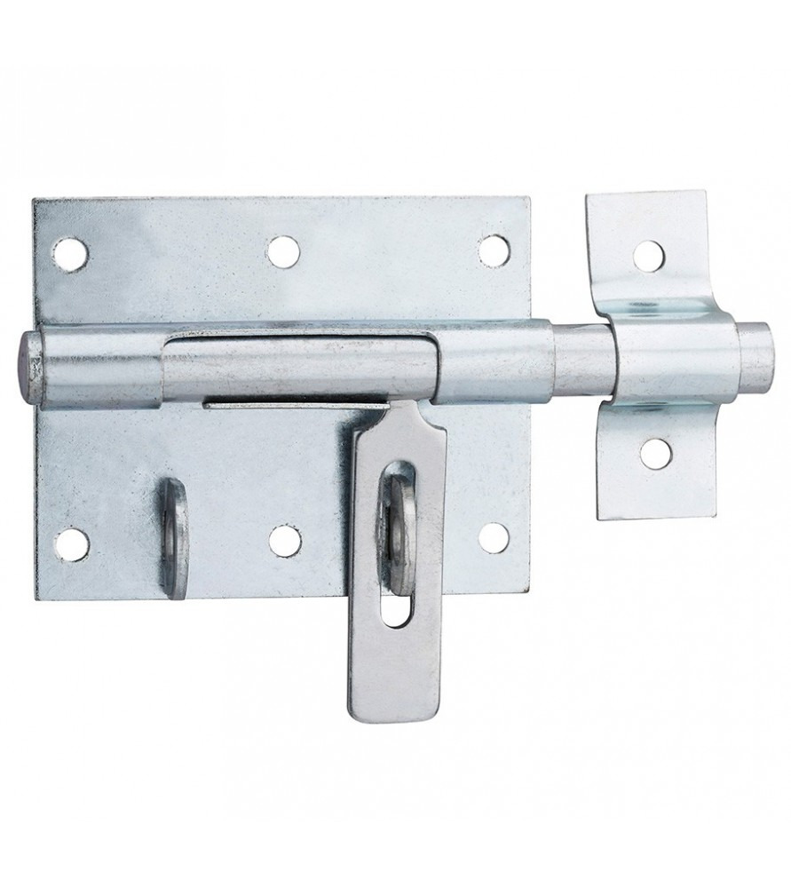 Metalowa zasuwka z prostokątną płytką montażową i ruchomym bolcem, widoczne otwory na śruby, surowy metaliczny odcień.