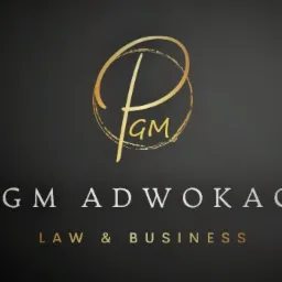 Eleganckie logo firmy prawniczej PGM Adwokaci z napisem Law & Business na ciemnym tle.