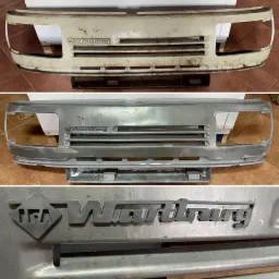 Bumper Wartburg przed i po piaskowaniu i malowaniu, widoczne logo IFA Wartburg