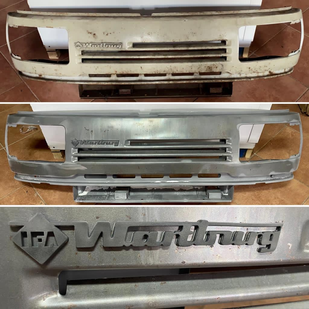 Bumper Wartburg przed i po piaskowaniu i malowaniu, widoczne logo IFA Wartburg