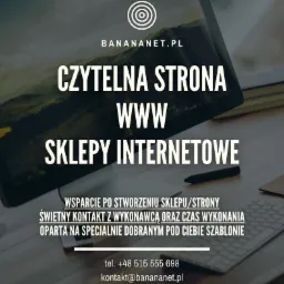 Ekran monitora prezentujący czytelną stronę WWW i sklepy internetowe, z widocznym logo firmy Banananet.pl, klawiaturą, długopisem i książką na drewnianym biurku.