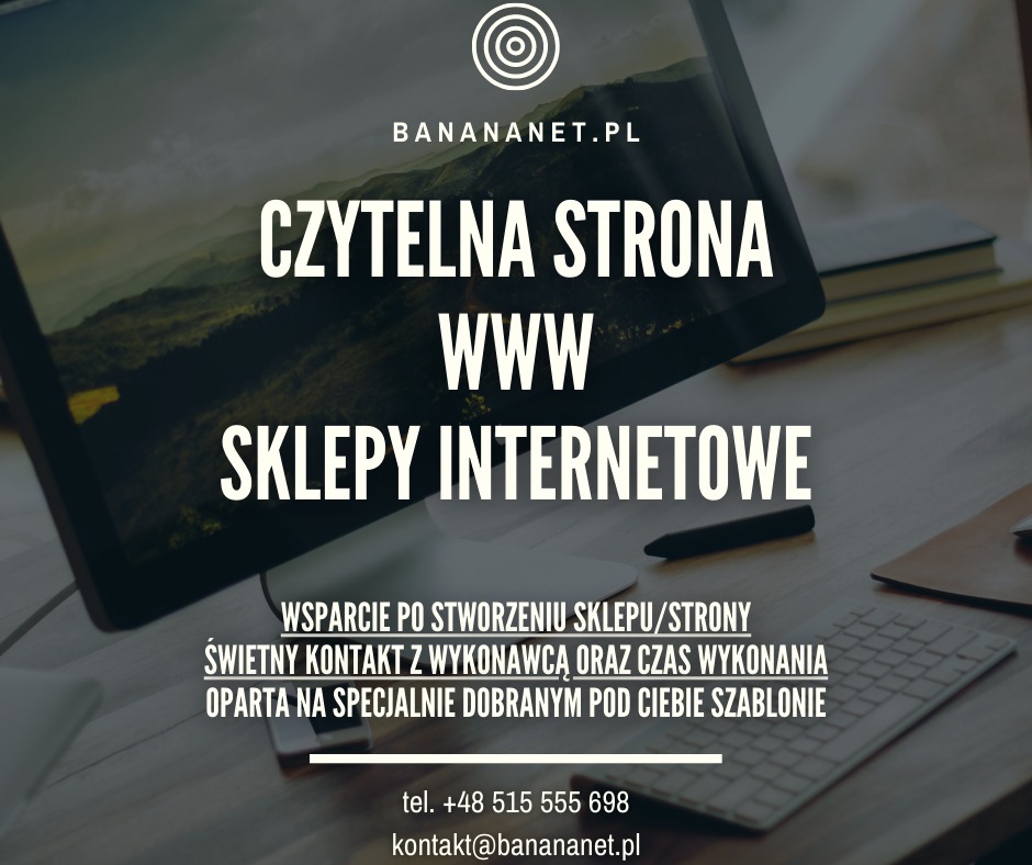 Ekran monitora prezentujący czytelną stronę WWW i sklepy internetowe, z widocznym logo firmy Banananet.pl, klawiaturą, długopisem i książką na drewnianym biurku.