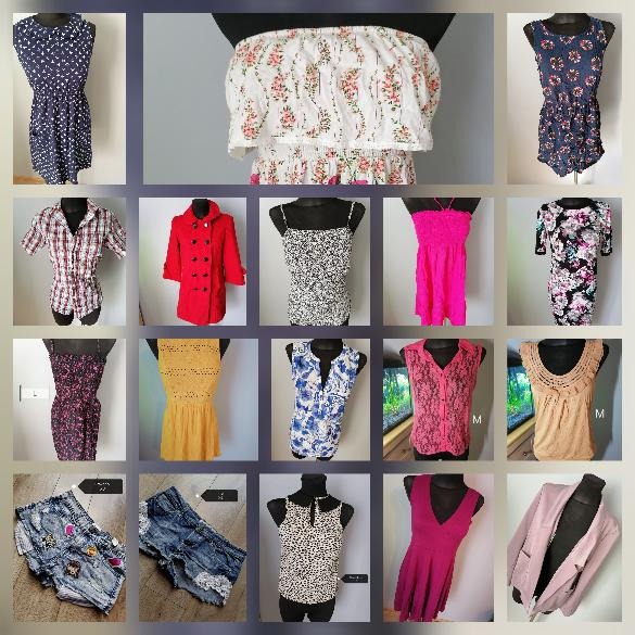 Kolekcja różnorodnej odzieży damskiej na manekinach i płasko, w tym sukienki w kwiaty, bluzki, koszule w kratę, czerwony płaszcz i dżinsowe szorty z naszywkami, prezentowana na szarym tle.