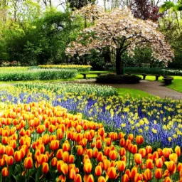 Pejzaż ogrodu z kwitnącymi tulipanami w odcieniach pomarańczy i czerwieni, niebieskimi szafirkami i żółtymi narcyzami, z drzewem w kwiecie i ławkami w tle.