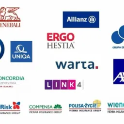 Kolekcja logotypów różnych firm ubezpieczeniowych, w tym Generali, PZU, Uniqua, Allianz, Ergo Hestia, Warta, Link4, MTU, AXA, InterRisk, Compensa, Polisa-Życie i Wiener, umieszczonych na białym tle.