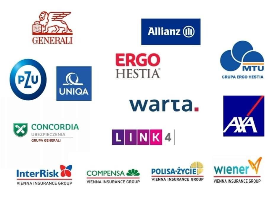 Kolekcja logotypów różnych firm ubezpieczeniowych, w tym Generali, PZU, Uniqua, Allianz, Ergo Hestia, Warta, Link4, MTU, AXA, InterRisk, Compensa, Polisa-Życie i Wiener, umieszczonych na białym tle.