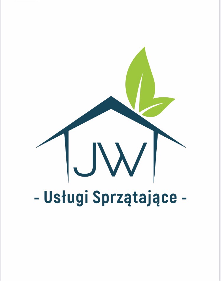 Graficzne logo firmy sprzątającej: stylizowany dom z zielonym listkiem, inicjały 'JW' i napis 'Usługi Sprzątające'.
