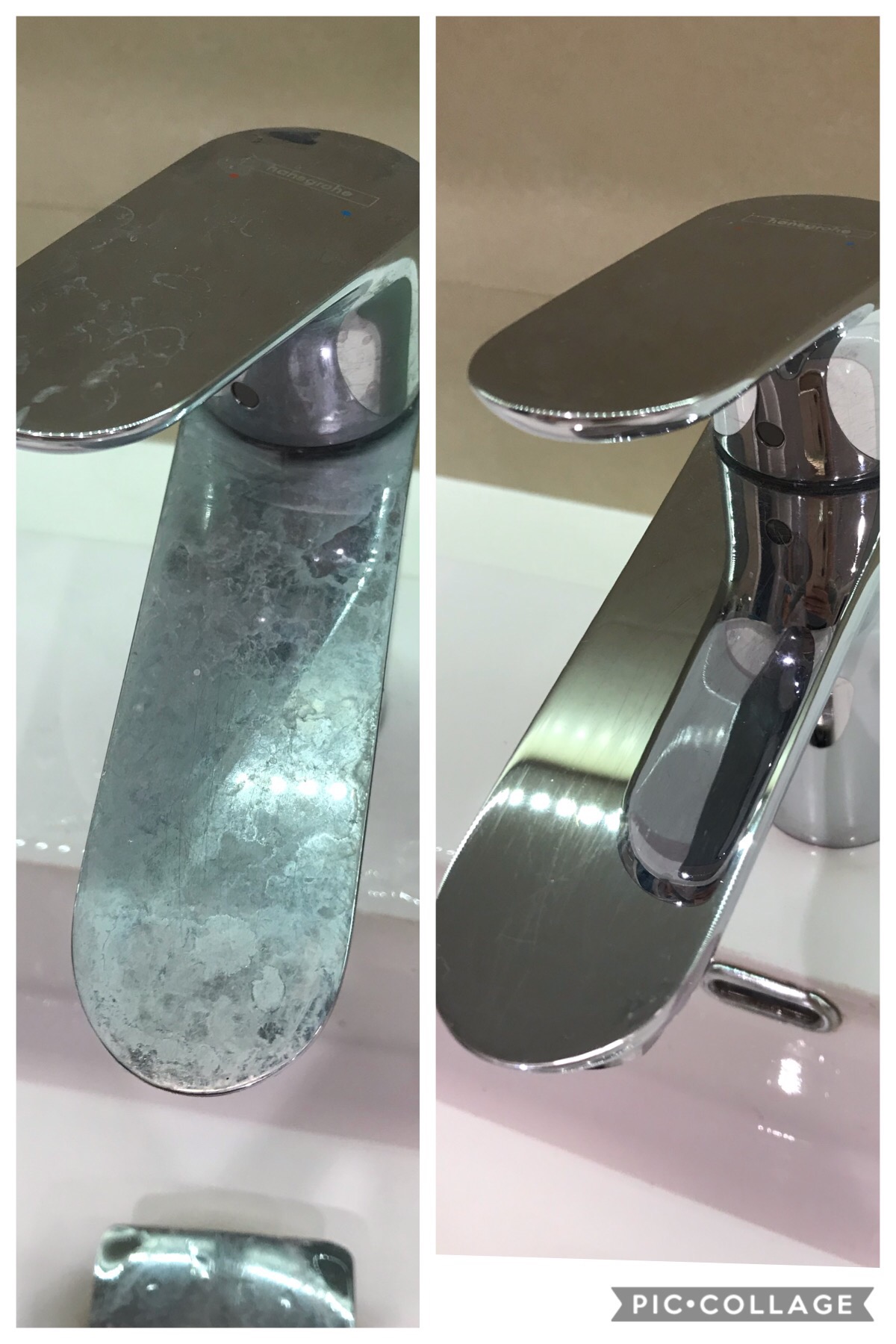 Porównanie baterii umywalkowej przed i po czyszczeniu z osadów kamienia, widoczne wyraźne różnice w połysku i czystości.