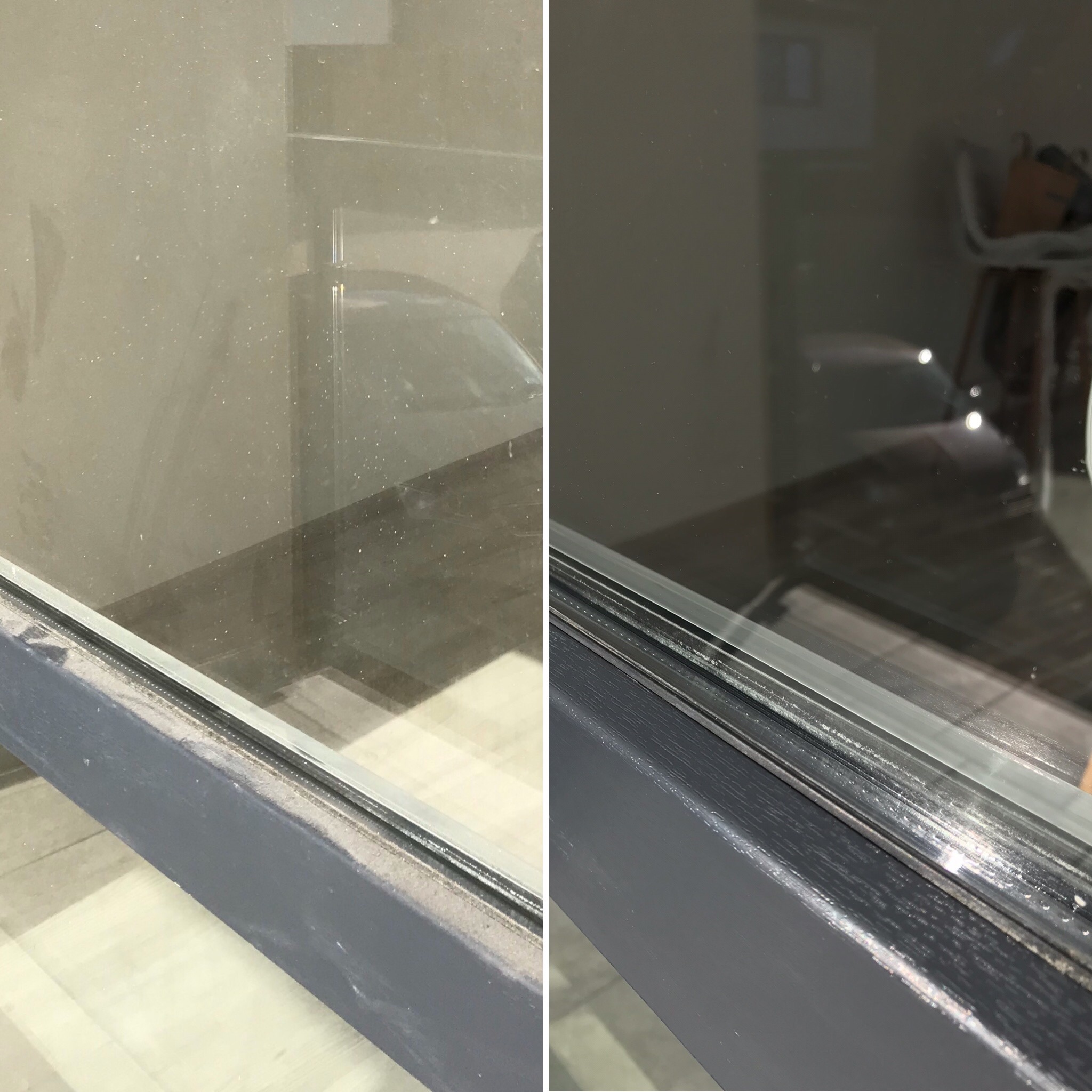 Porównanie okna przed i po umyciu: brudna szyba z osadem i czysta, lśniąca szyba z widocznym odbiciem krzesła w tle.