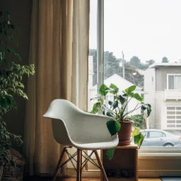 Białe krzesło Eames z drewnianymi nogami, obok okna z beżową zasłoną, na drewnianej podłodze, z rośliną doniczkową na drewnianej półce, widok na zabudowę miejską za oknem.