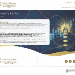 Grafika strony internetowej kantoru wymiany walut i złota inwestycyjnego, z motywem latarni morskiej i wykresu giełdowego w tle, oraz logo firmy w kolorze złotym.