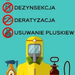 Grafika reklamowa firmy Sanitex, prezentująca usługi z zakresu zwalczania szkodników, z ilustracją pracownika w kombinezonie ochronnym i sprzętu do rozpylania preparatów.