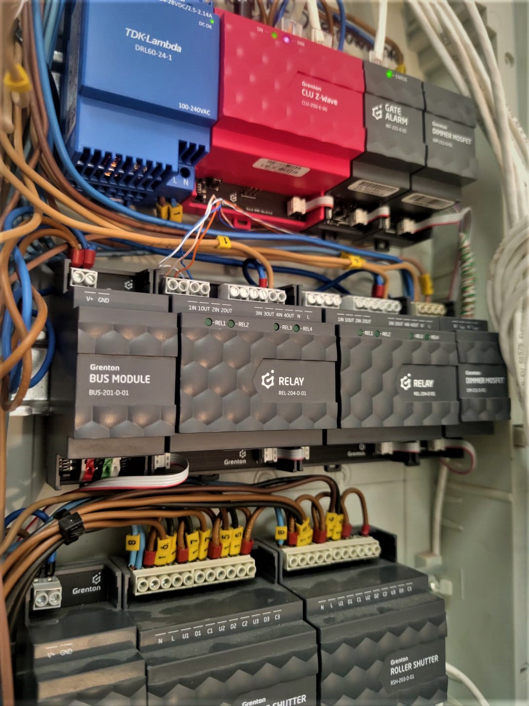 Panel sterowania automatyką domową Grenton z modułami zasilania, sterowania roletami i przekaźnikami, widoczne przewody i złącza, zainstalowane w szarej szafce.