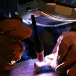 Spawanie rury miedzianej metodą TIG, widoczne iskry i dym, ochronna maska spawalnicza i rękawice robocze.