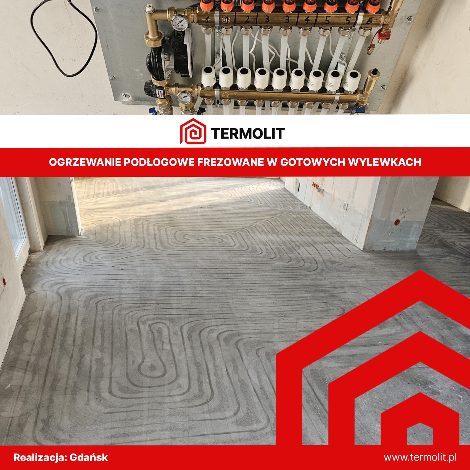 Rozdzielacz ogrzewania podłogowego zamontowany na ścianie, widoczne frezowane rowki w szarej wylewce pod ogrzewanie podłogowe, układające się w charakterystyczny wzór meandryczny.
