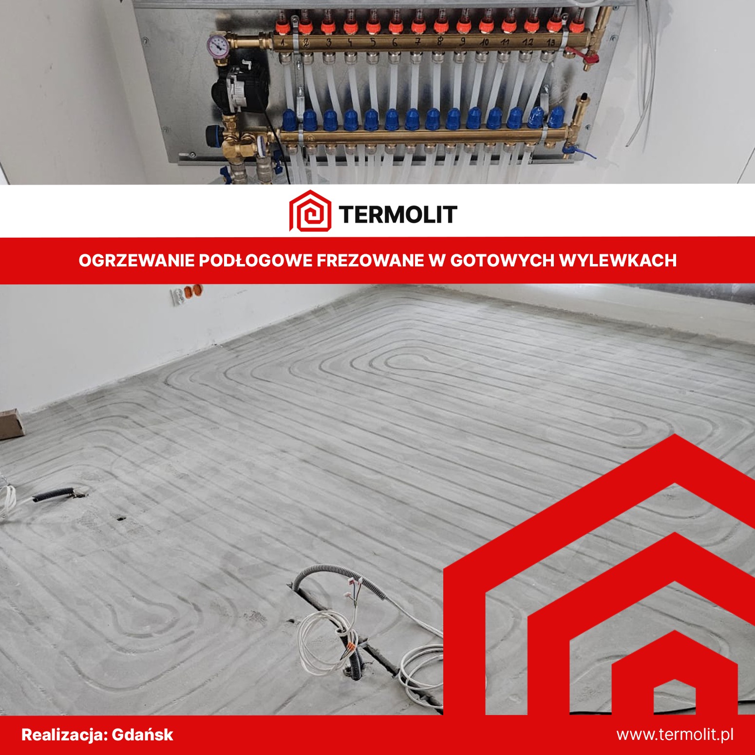 Rozdzielacz ogrzewania podłogowego zamontowany na ścianie, widoczne frezowane rowki w gotowej wylewce pod rurki ogrzewania podłogowego, instalacja w trakcie montażu, widoczne przewody.