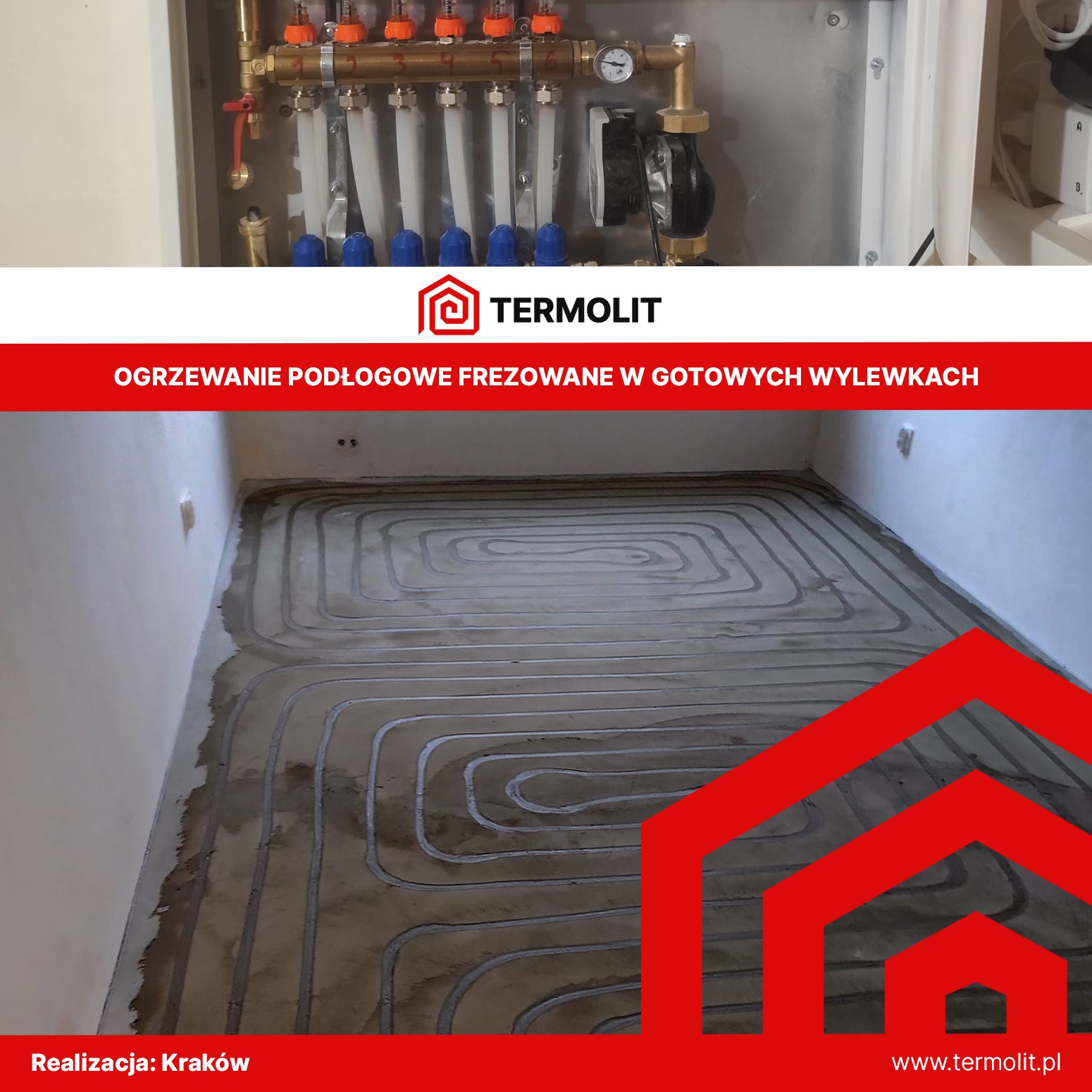 Rozdzielacz instalacji ogrzewania podłogowego zamontowany w szafce, widoczne pętle rur grzewczych ułożone w wyfrezowanych rowkach w gotowej wylewce.