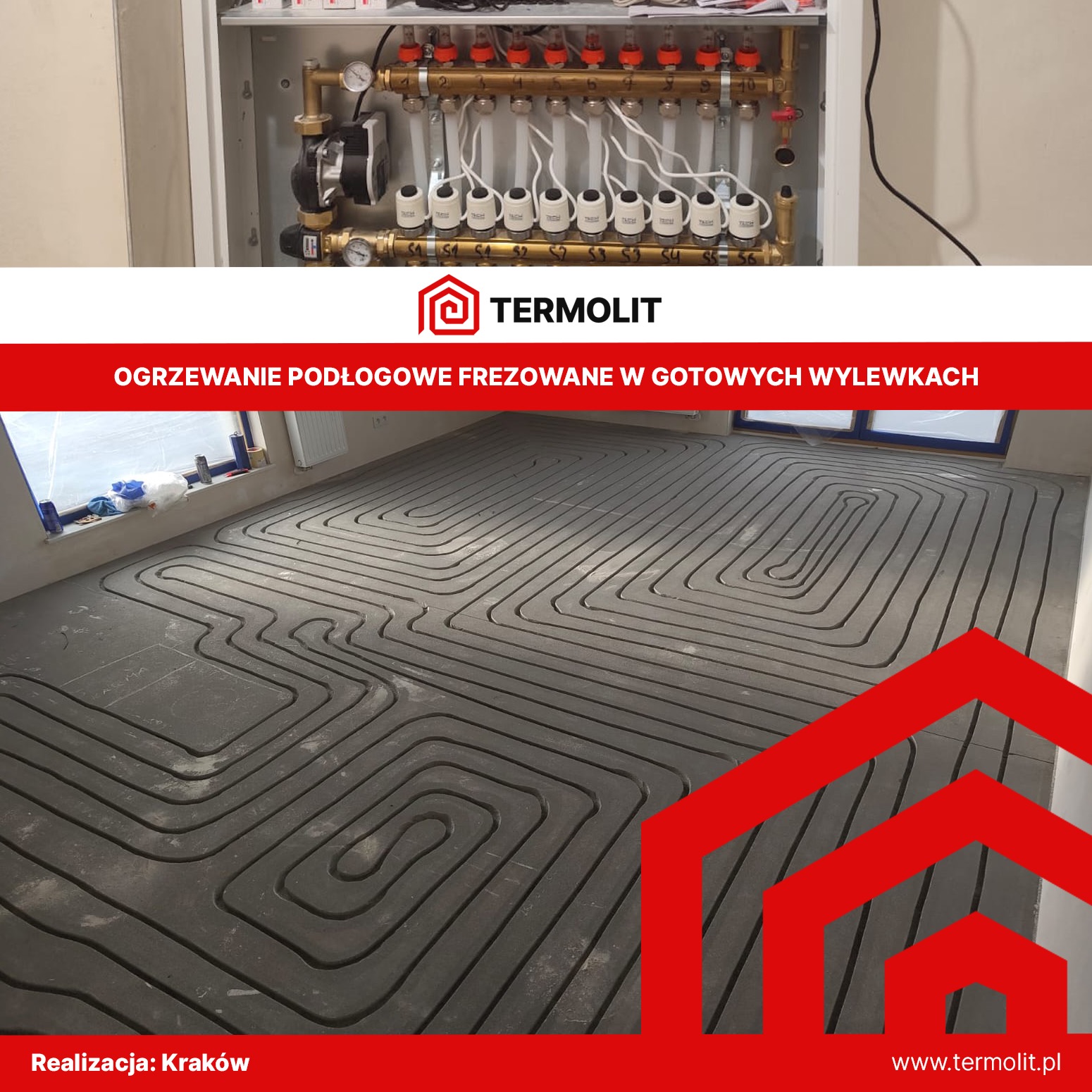 Rozdzielacz ogrzewania podłogowego w szafce natynkowej oraz frezowane rowki w gotowej wylewce pod rury ogrzewania podłogowego.